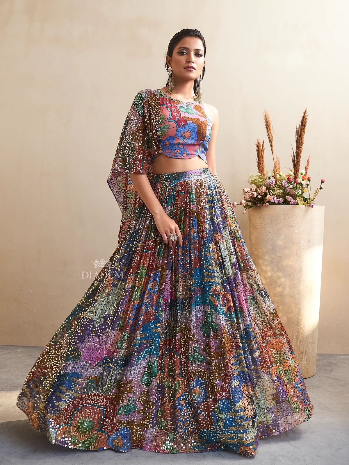 Vibrant Multicolored Chiffon Indo-Western Lehenga with Floral Prints and Sequin Embellishments