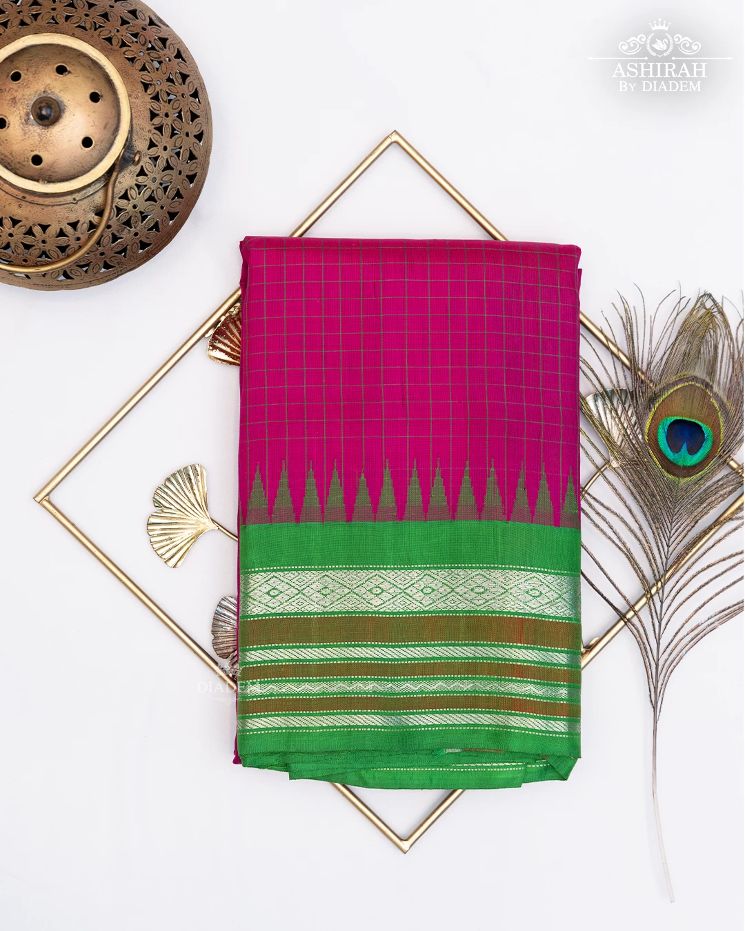 Dark Pink Gadwal Silk Saree with Checked design on the body and Temple Zari Border