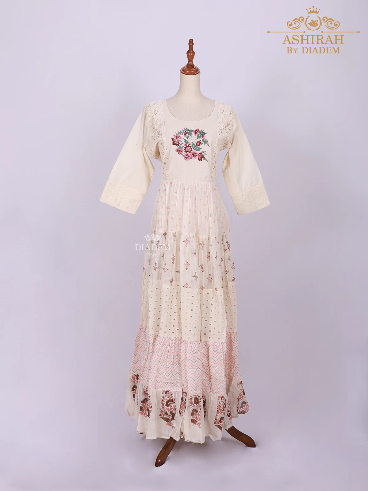 Ivory Long Kurti Adorned with Floral Prints and Thread work Embroidery