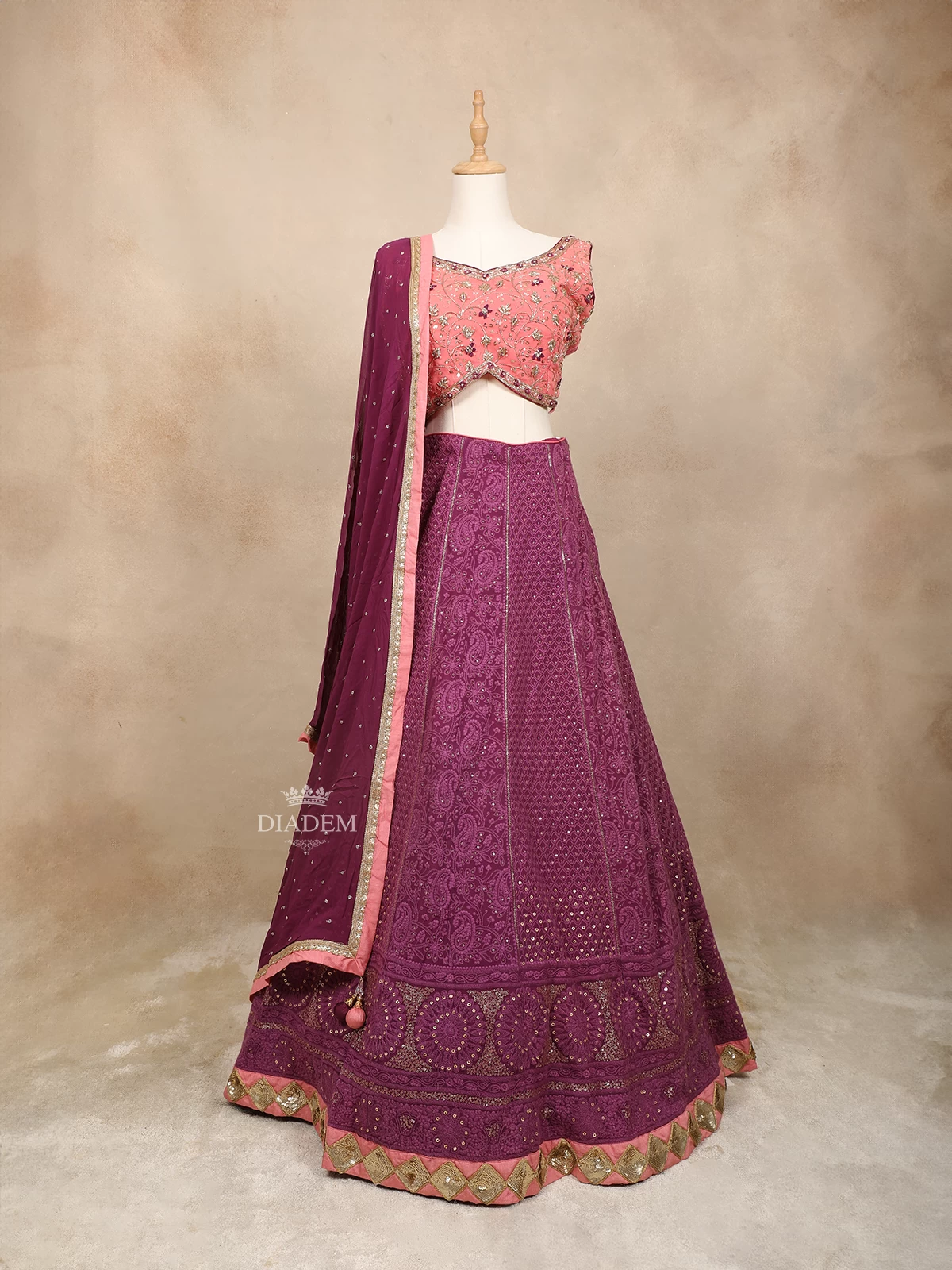 Purple Silk Lehenga Adorned with Floral Threadwork Embroidery and Beads, Paired with Dupatta