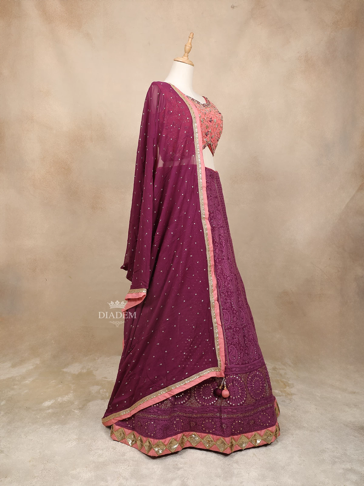 Purple Silk Lehenga Adorned With Floral Threadwork Embroidery And Beads, Paired With Dupatta