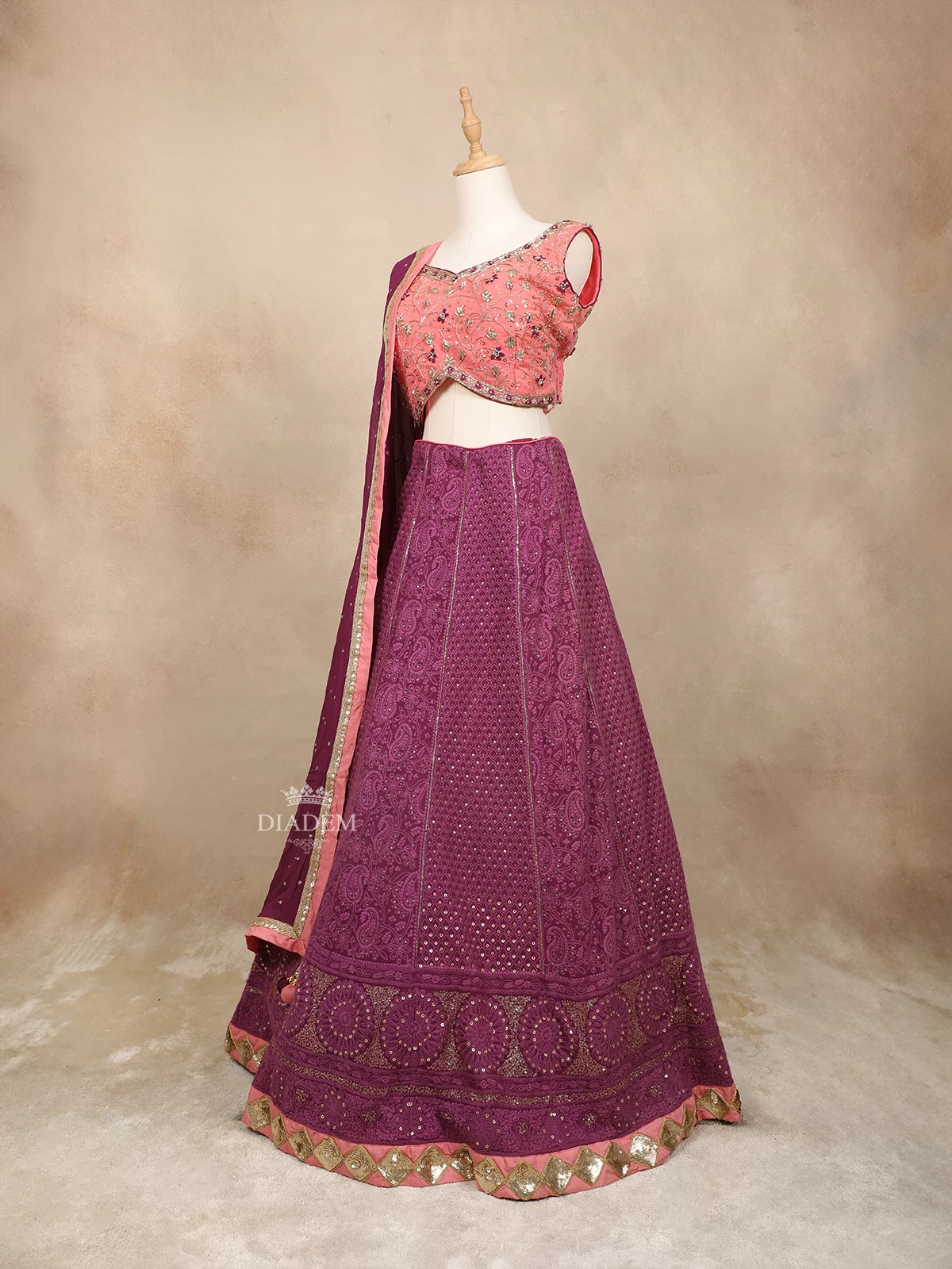 Purple Silk Lehenga Adorned With Floral Threadwork Embroidery And Beads, Paired With Dupatta