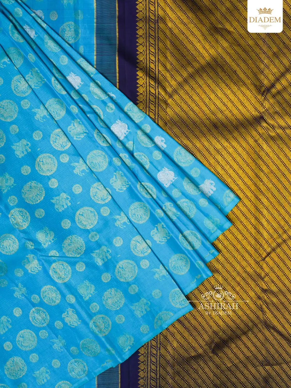 Sky Blue Pure Kanchipuram Silk Saree With All Over Animal Motifs On The Body And Without Border