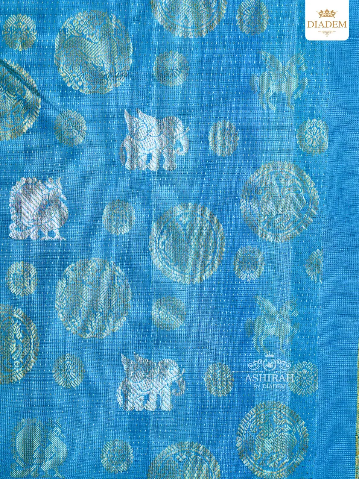 Sky Blue Pure Kanchipuram Silk Saree With All Over Animal Motifs On The Body And Without Border