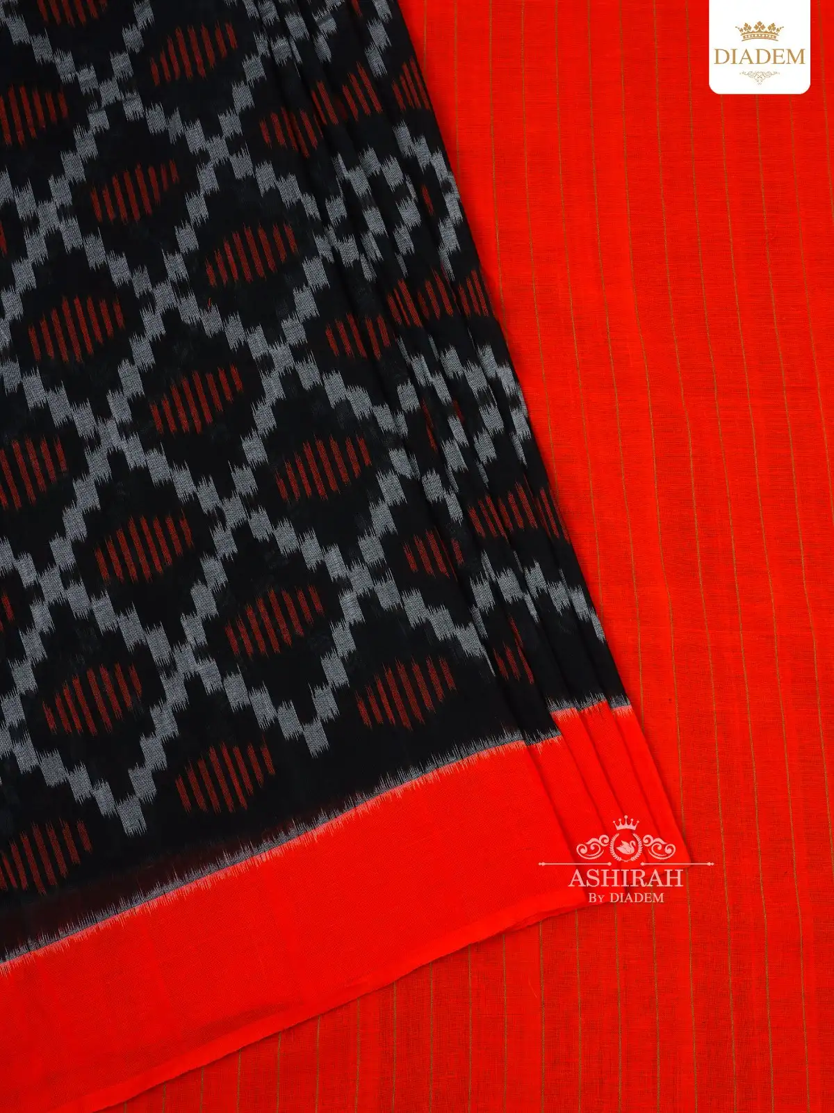 Black Cotton Saree with Ikkat Prints and Plain Border