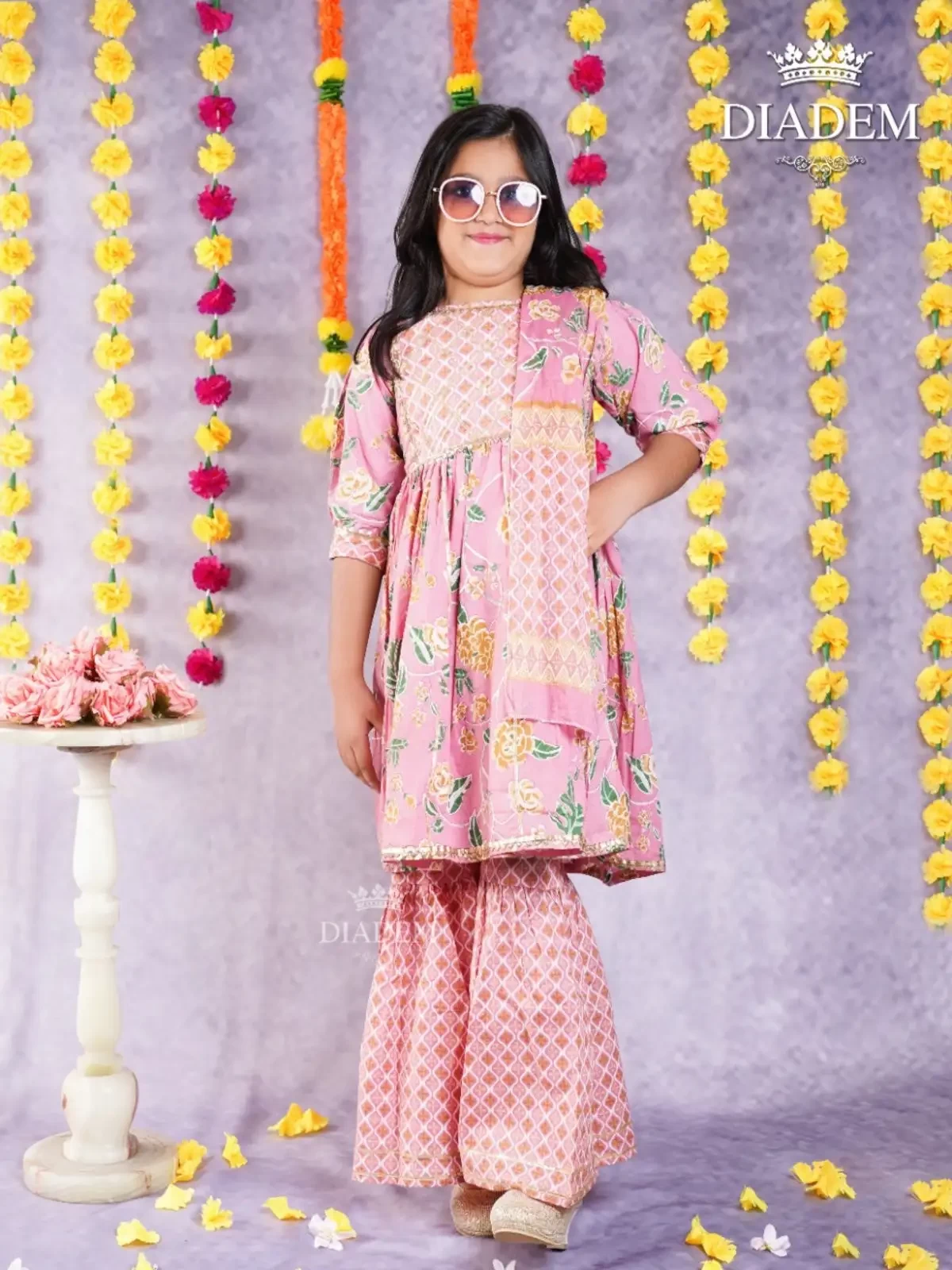 Dull Pink Sharara Suit Adorned In Floral Prints With Dupatta