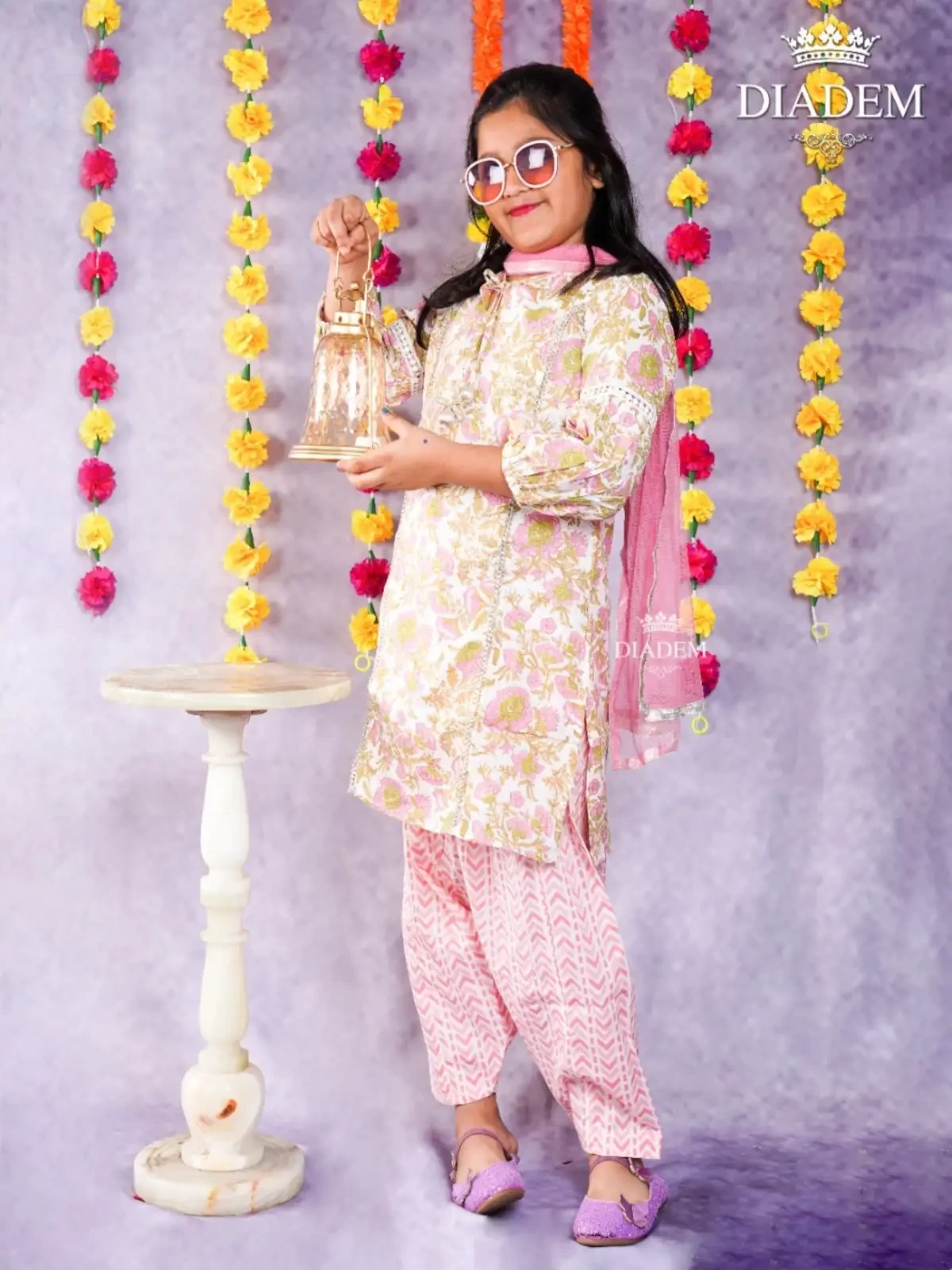Off White And Light Pink Patiala Suit Adorned In Floral Prints With Dupatta