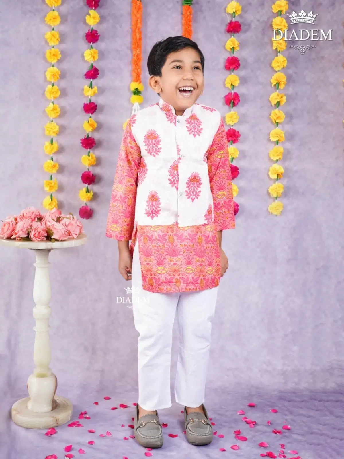 Off White And Pink Kurta Pyjama Enhanced In Floral Prints With Jacket