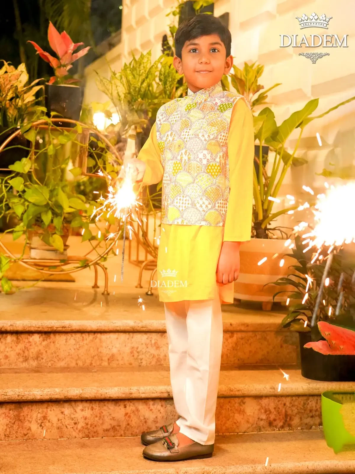 Sun Yellow Kurta Pyjama With Off White Pant And Bandhani Design Jacket