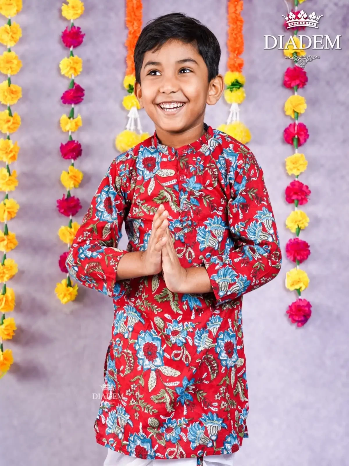 Deep Carmine Kurta Adorned In Floral Prints And Paired With Off White Dhoti Pants