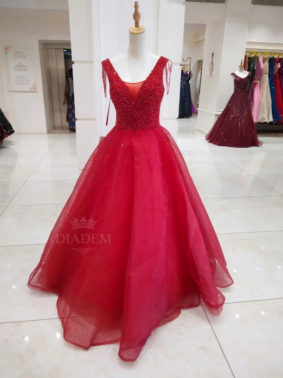 Red Ball Gown Embellished With Mini Beads