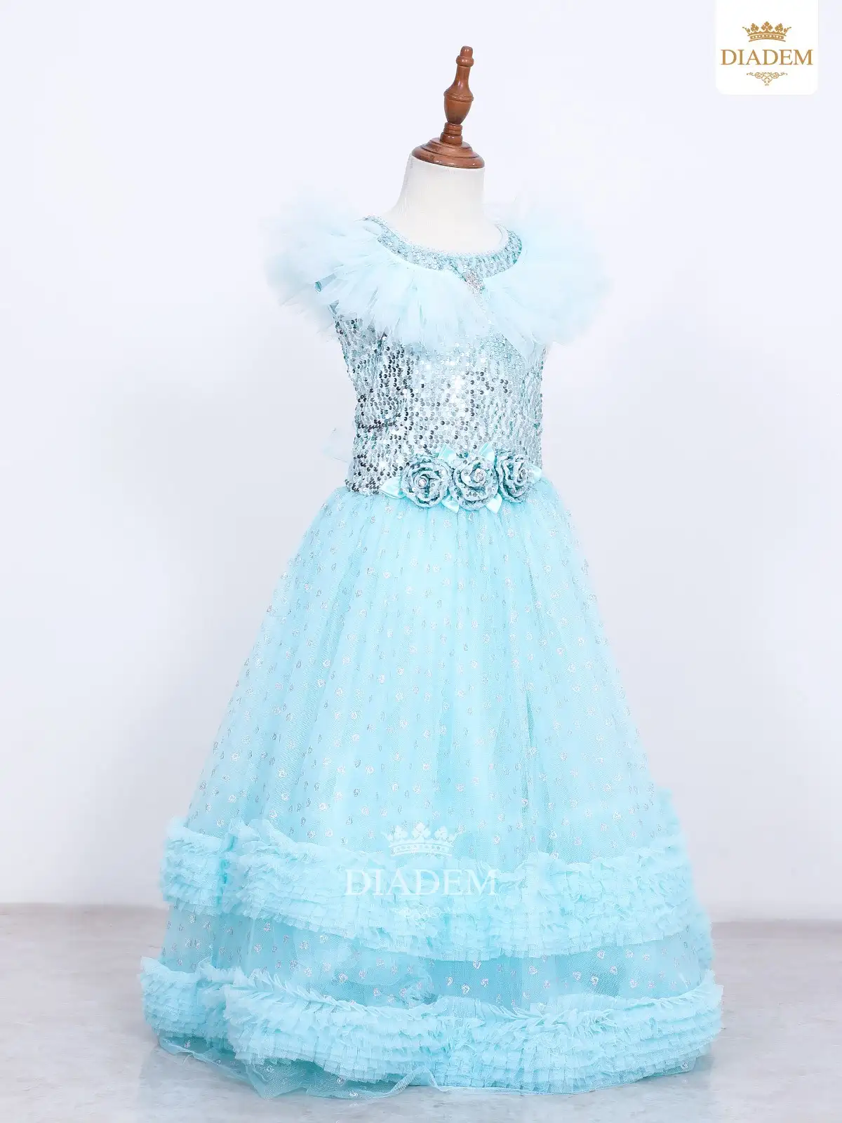 Sky Blue Gown Embellished In Sequins With Frilled Bottom
