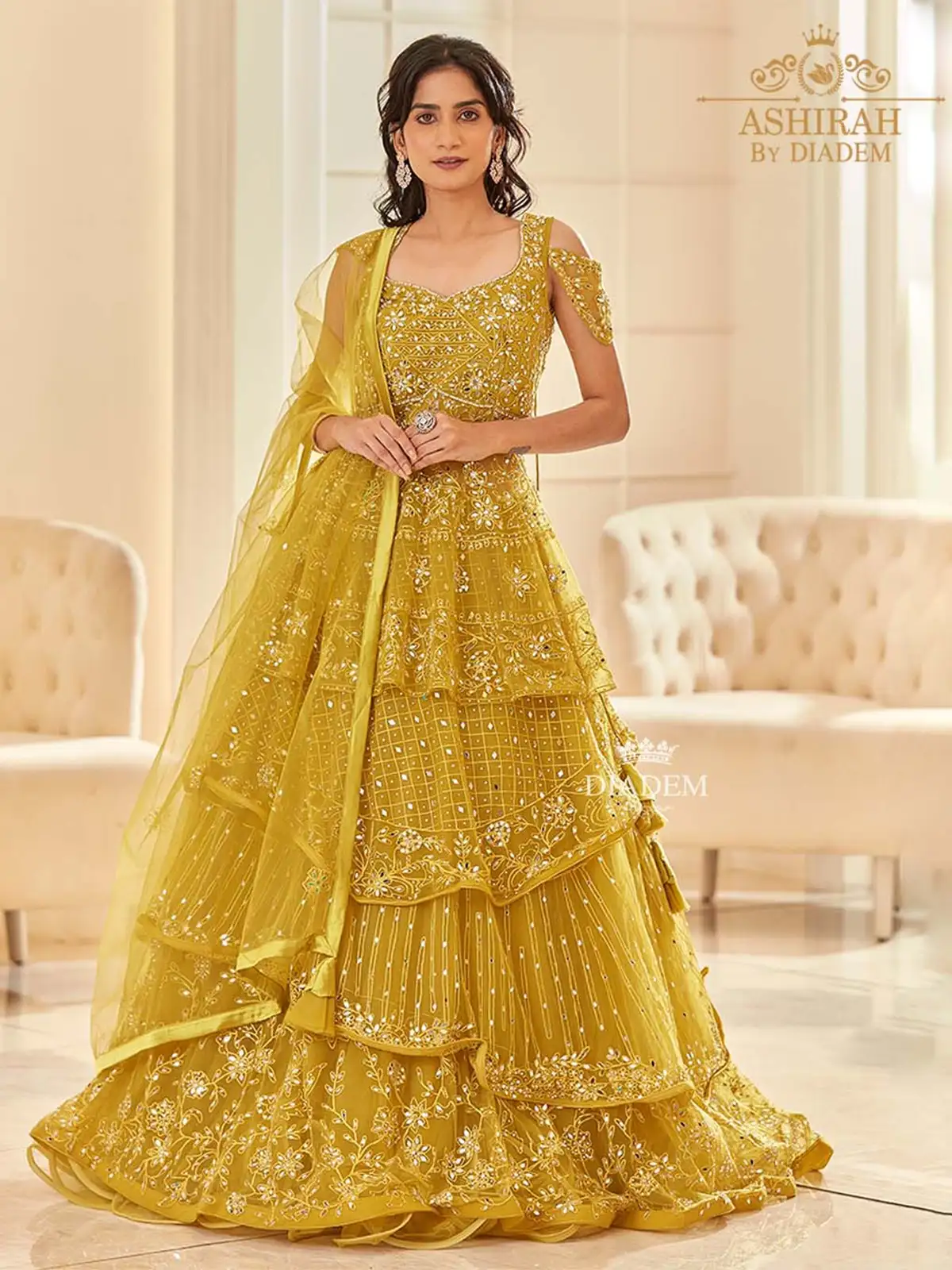 Mustard Yellow Lehenga Embellished in all over Cut Dana and Stones Designed with Dupatta