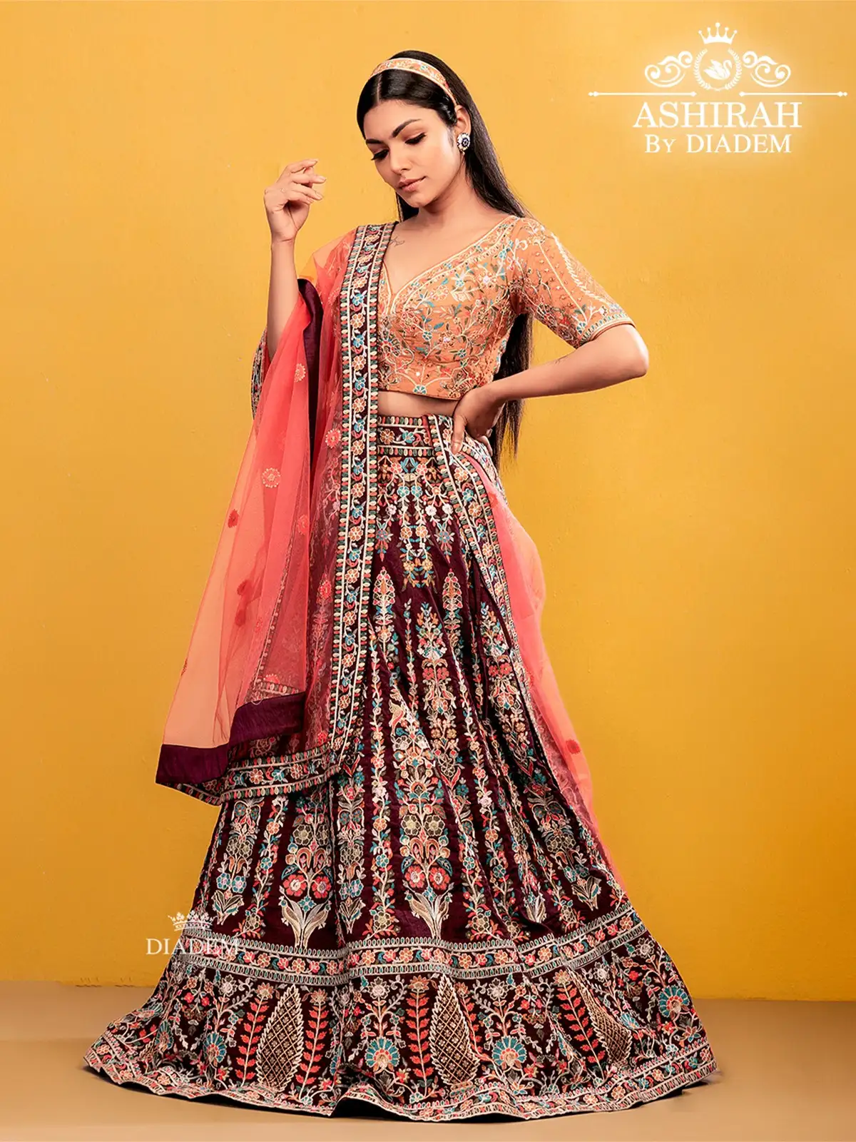 Maroon Lehenga Adorned in all over Floral Embroideries with Dupatta