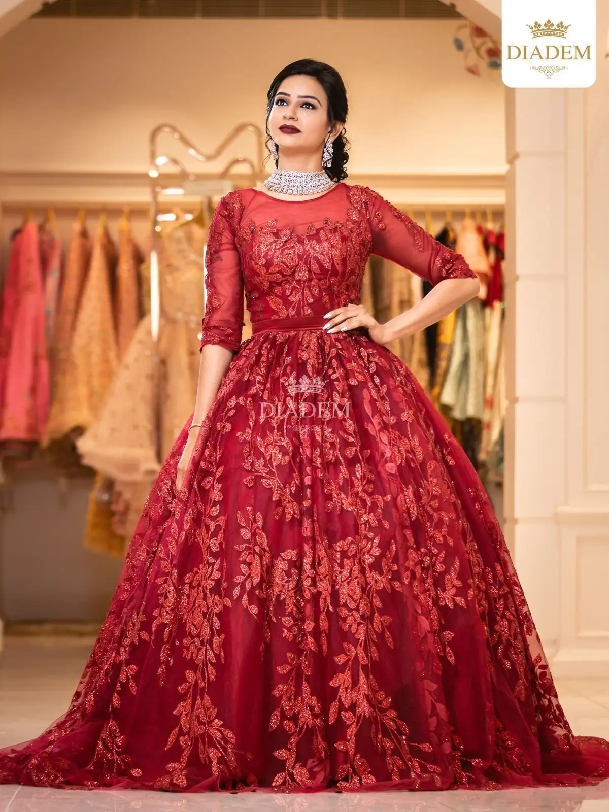 Red Ball Gown Embellished with Floral Laces and Beads