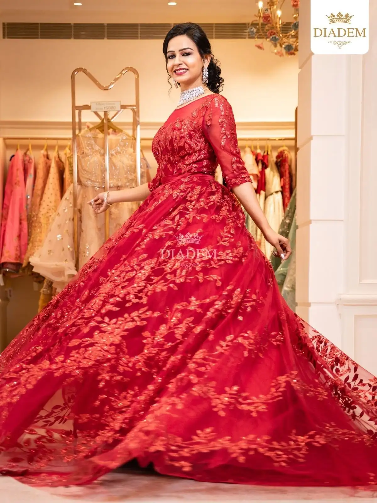 Red Ball Gown Embellished With Floral Laces And Beads