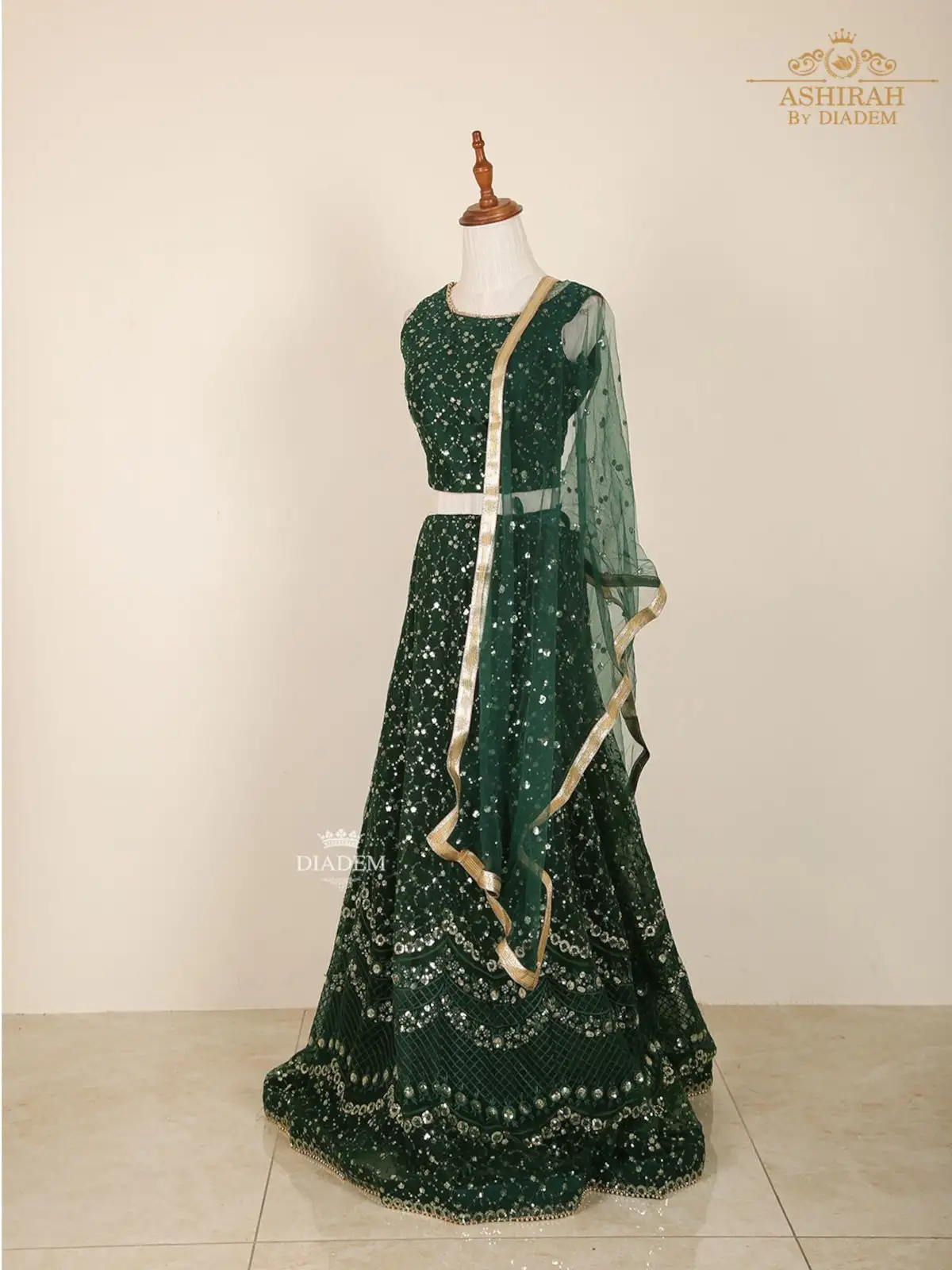 Dark Green Lehenga Adorned In Sequins And Beads With Dupatta
