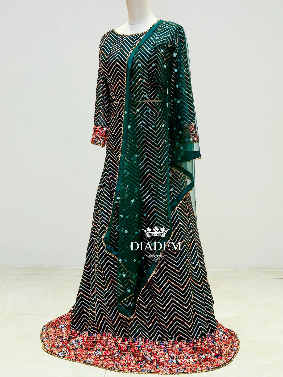 Dark Green Raw Silk Lehenga Embellished With Sequins And Dupatta