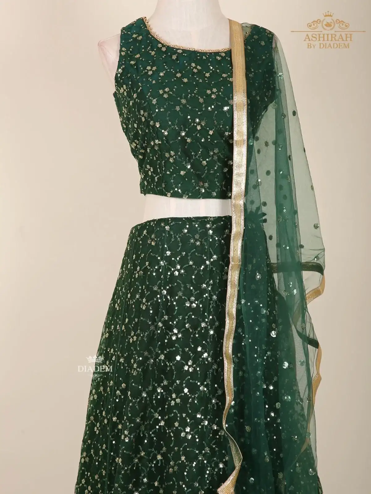 Dark Green Lehenga Adorned In Sequins And Beads With Dupatta