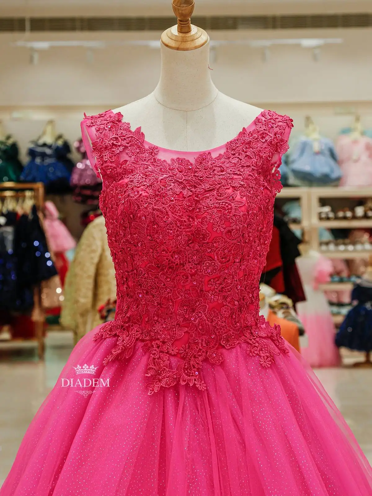 Dark Pink Ball Gown Embellished With Floral Laces And Beads