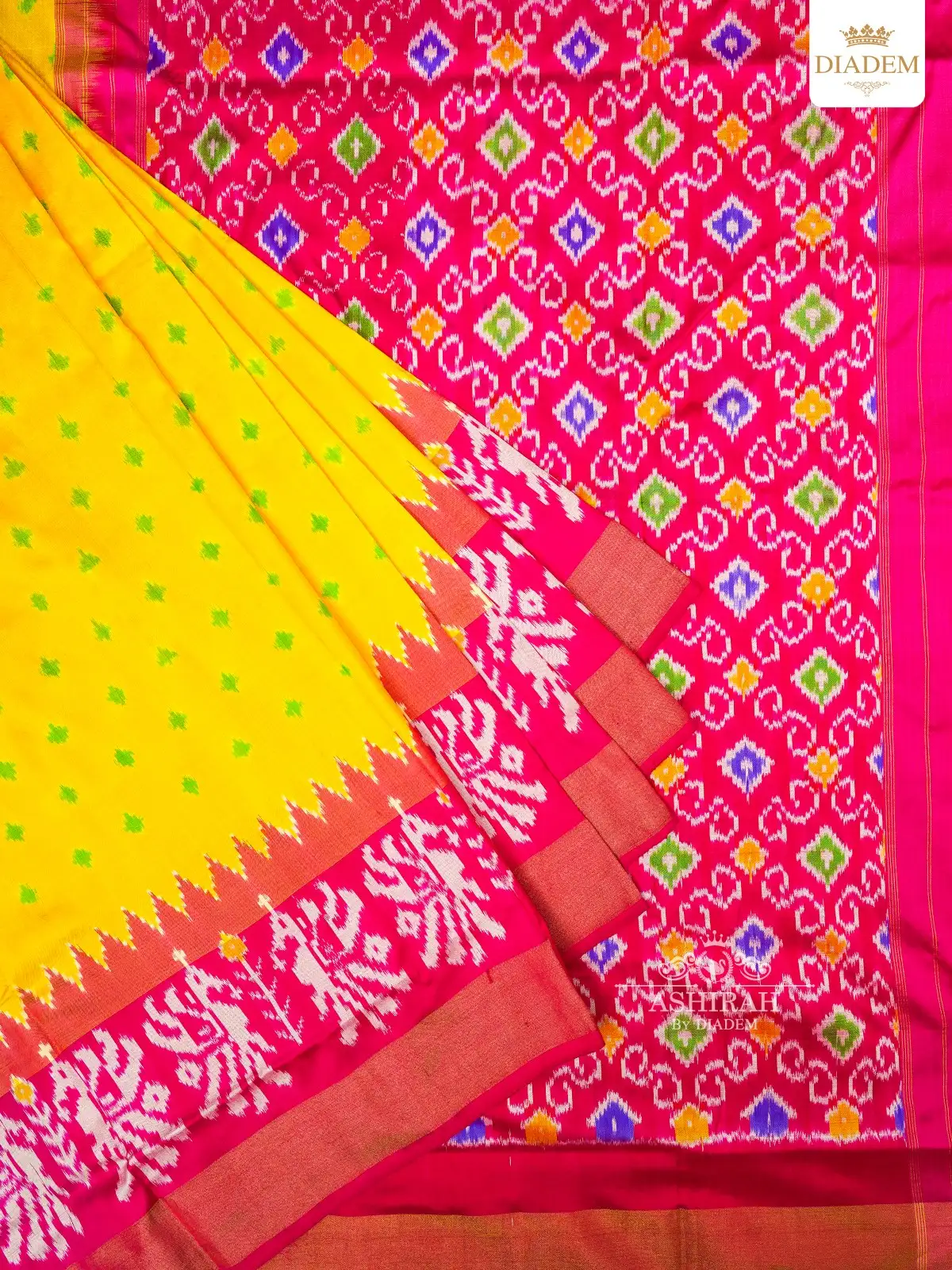 Lemon Yellow Pochampally Design Silk Saree With Plain Zari Border
