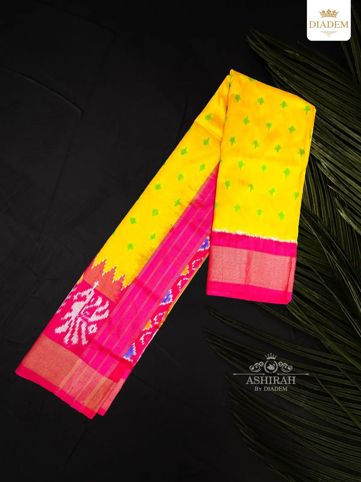 Lemon Yellow Pochampally Design Silk Saree With Plain Zari Border