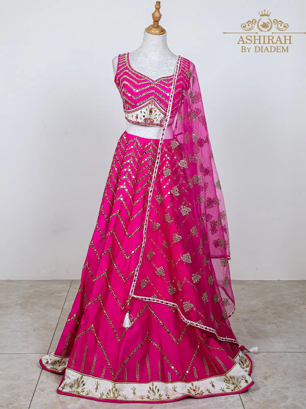 Raw Silk Lehenga Embroidered with Threads and Mirror work with Dupatta