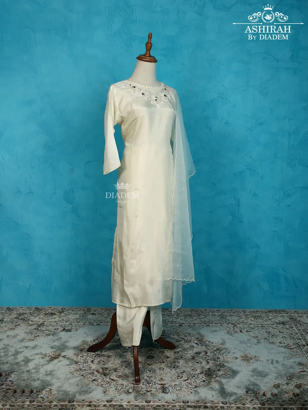 Off White Raw Silk Straight Cut Suit Adorned With Zardosi And Beads Along With Dupatta
