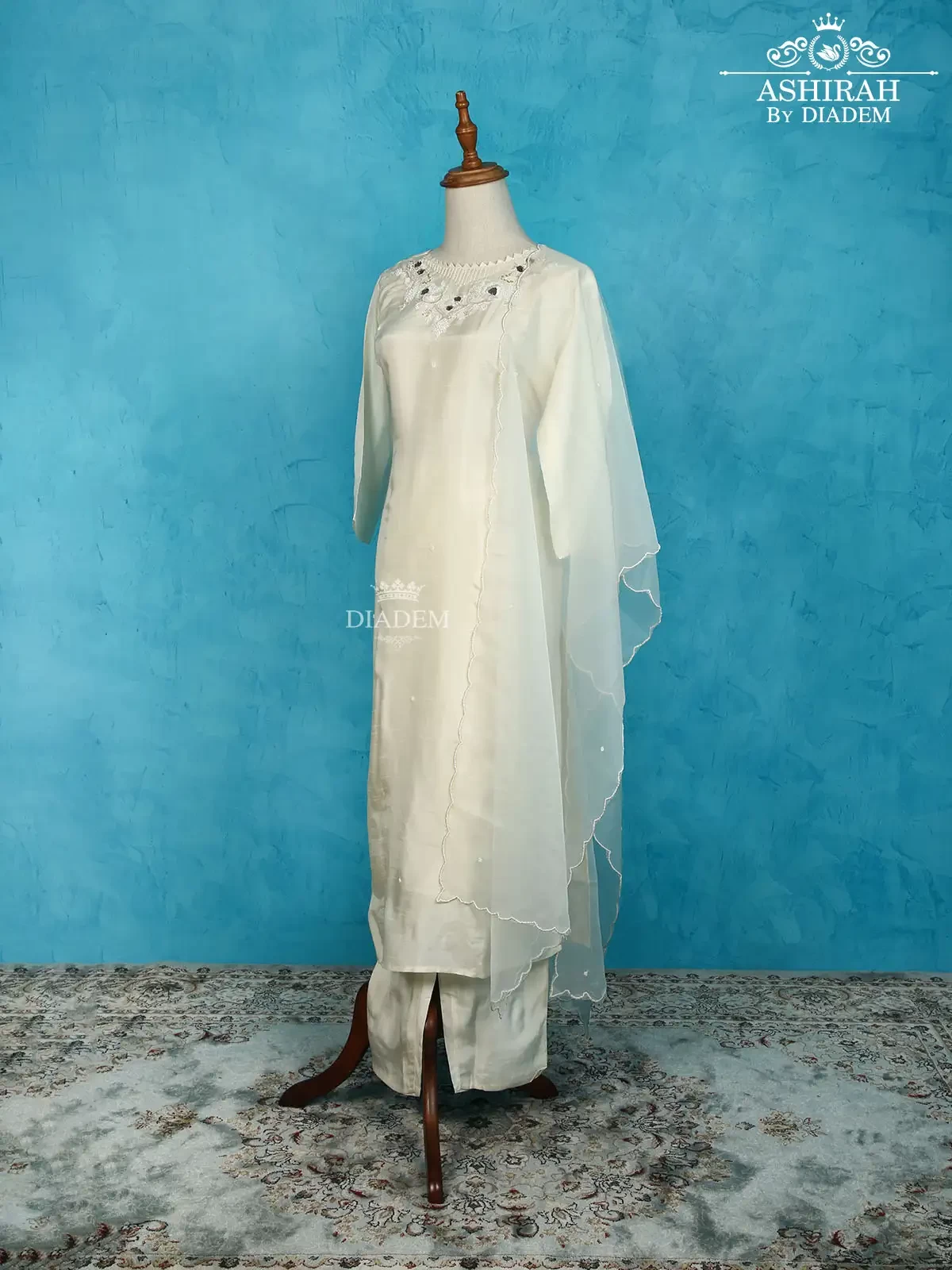 Off White Raw Silk Straight Cut Suit Adorned With Zardosi And Beads Along With Dupatta