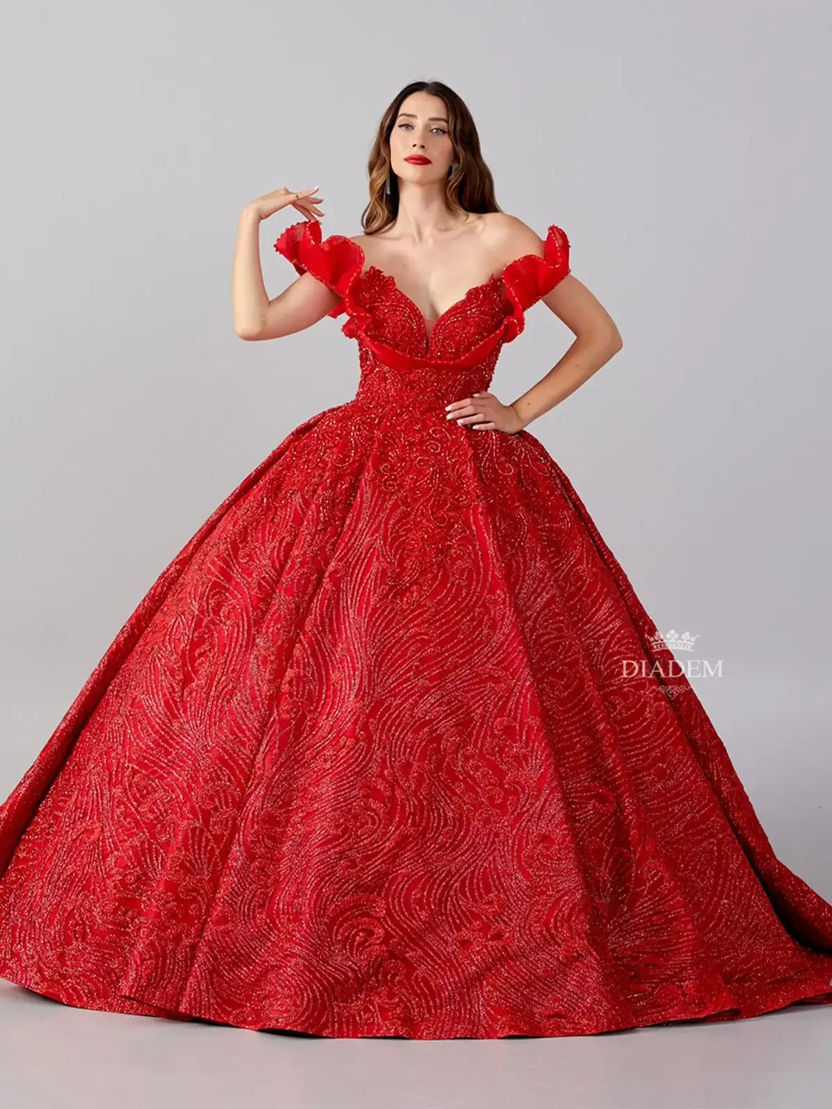 Red Ball Gown Adorned With Floral Design Beads And Laces