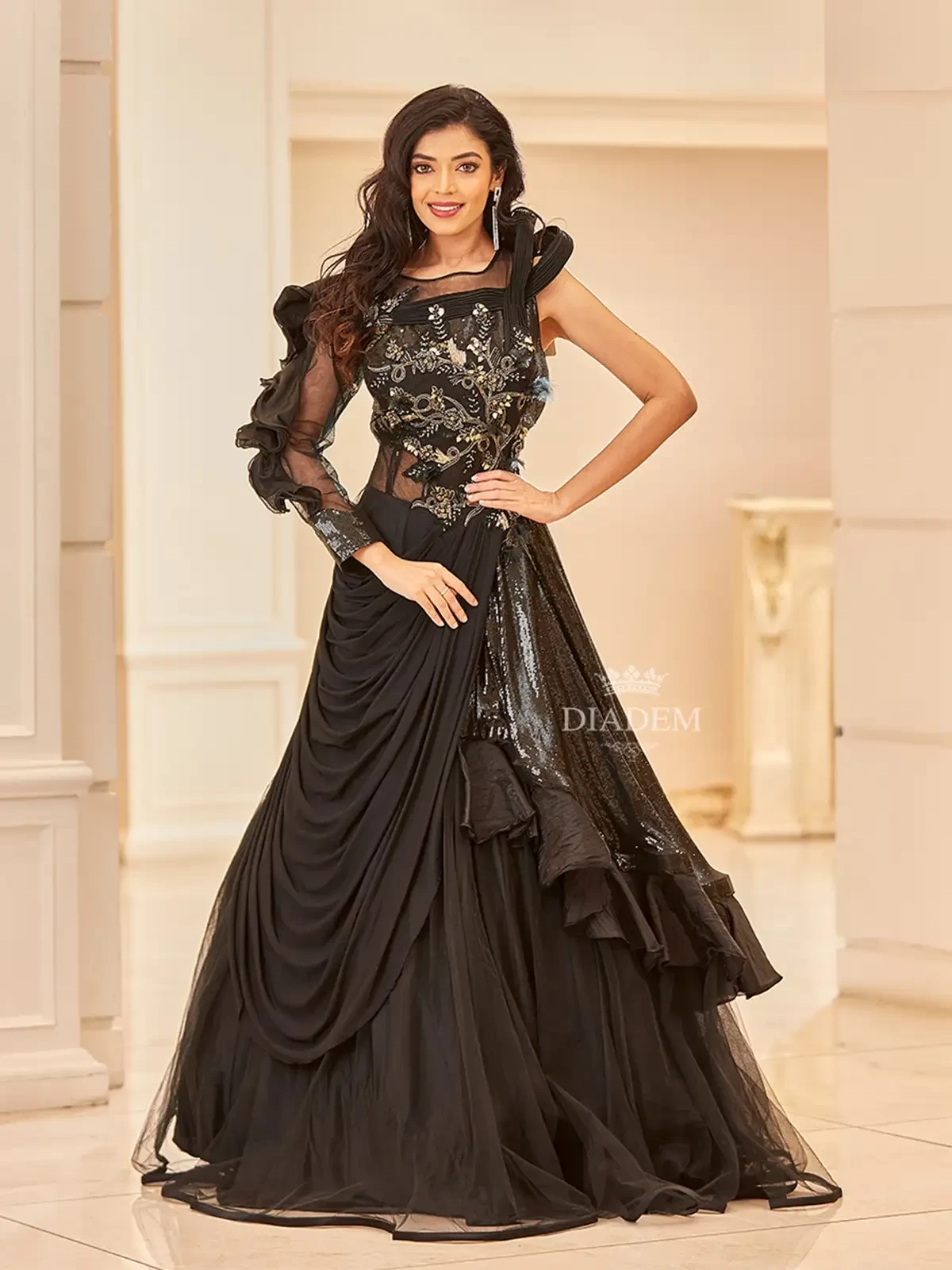 Black Ruffle Gown Adorned With Sequins And Stones