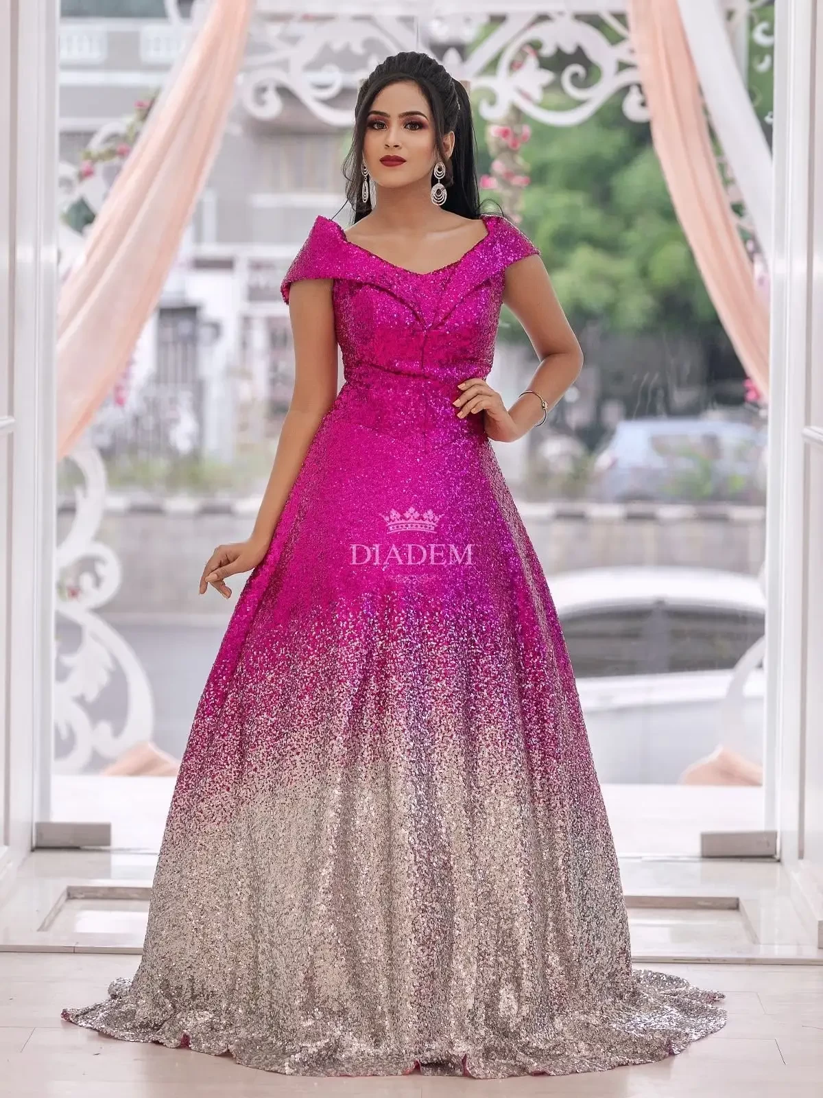 Dark Pink Ombre Gown Embellished with Sequins