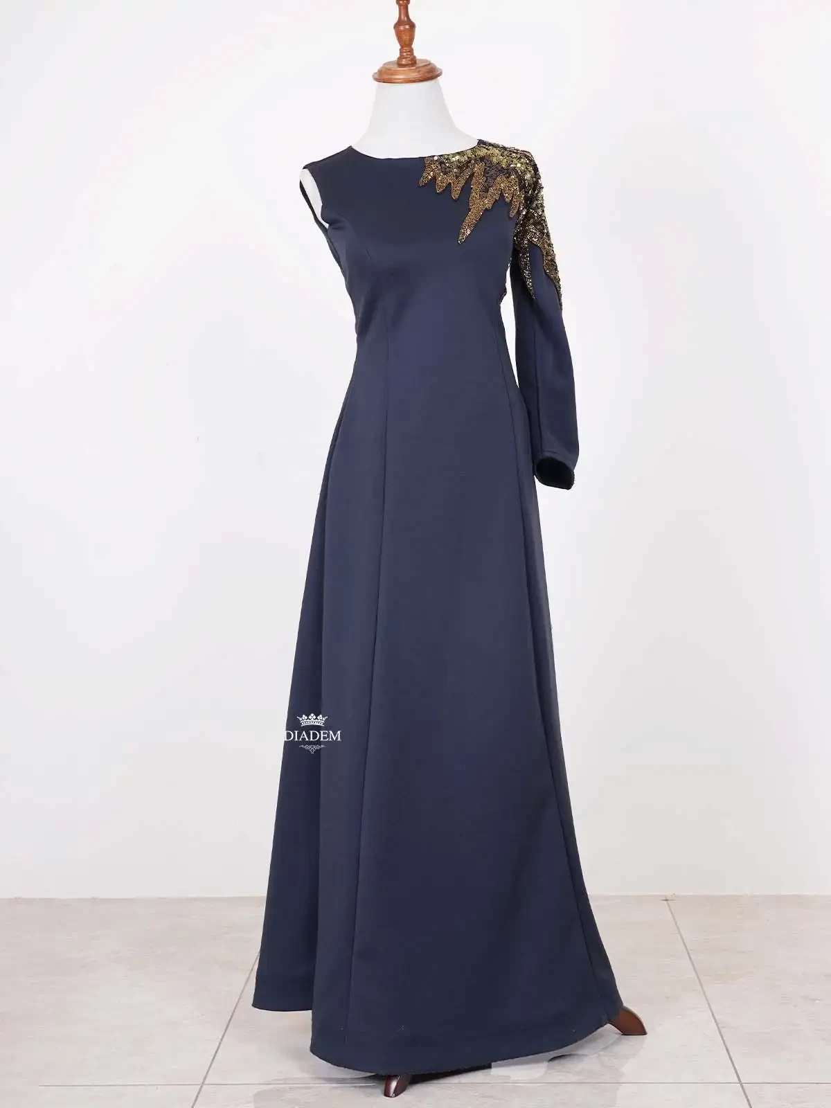 A-line Partywear Gown With Sequin On One Side And Full Sleeve On One Side