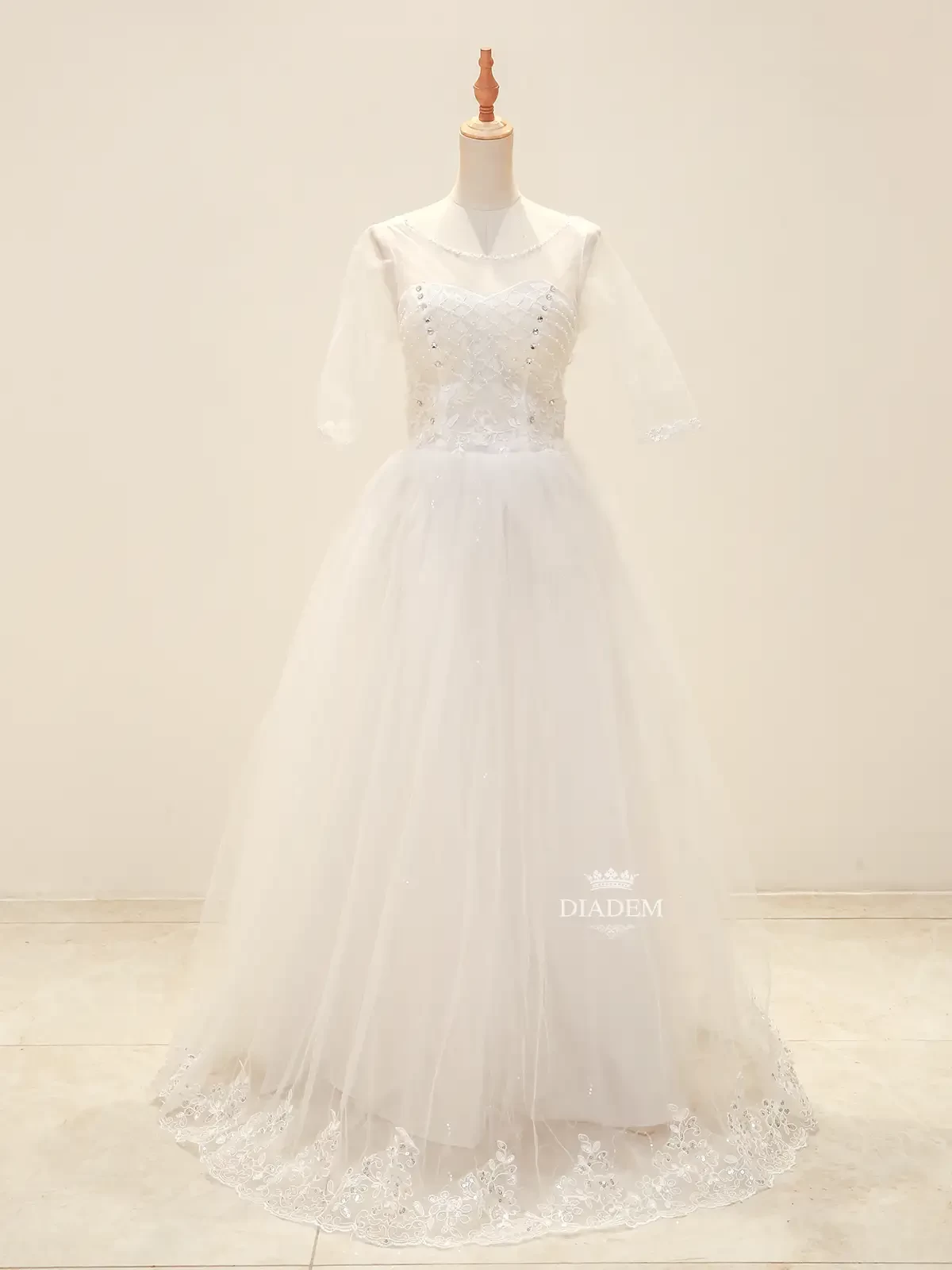 White Wedding Ball Gown Adorned in Floral Design and Laces and Stones