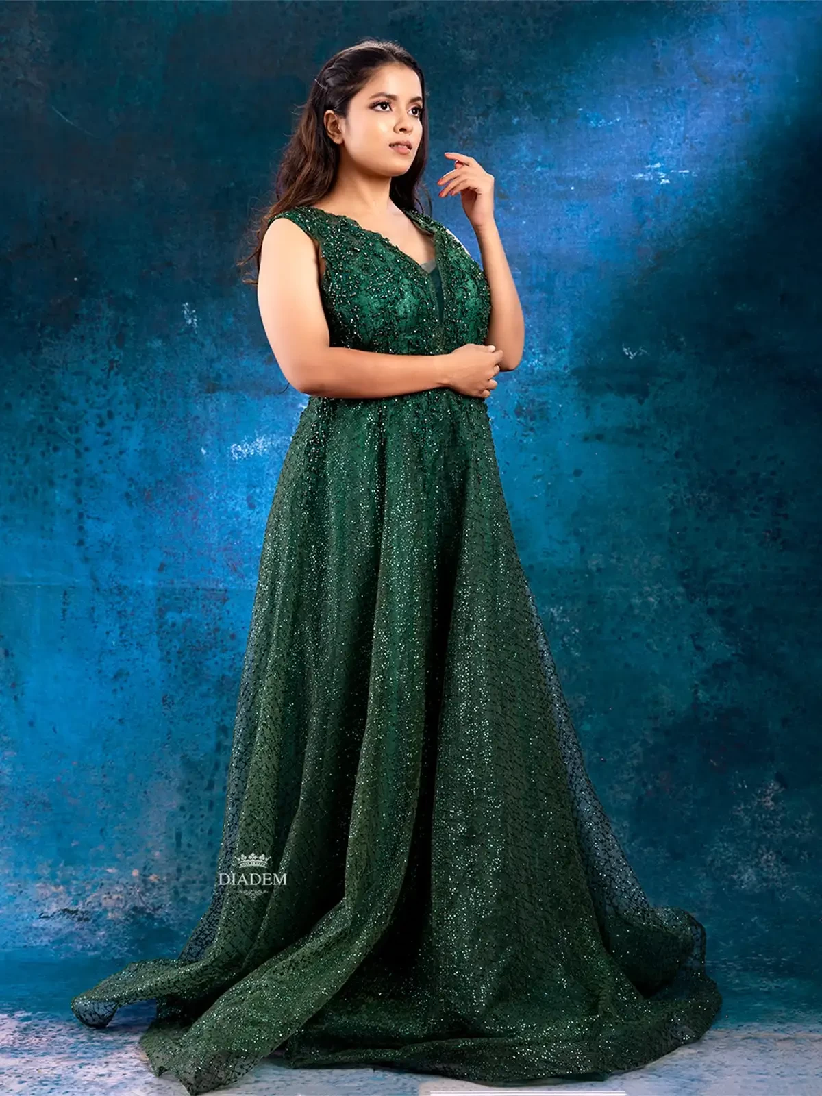 Dark Green Gown Embellished With Sequins And Beads