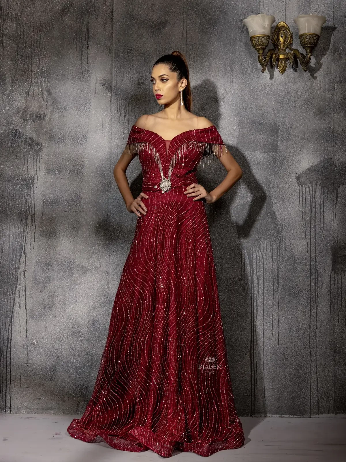 Maroon Gown Embellished With Stones And Beads With Waist Belt