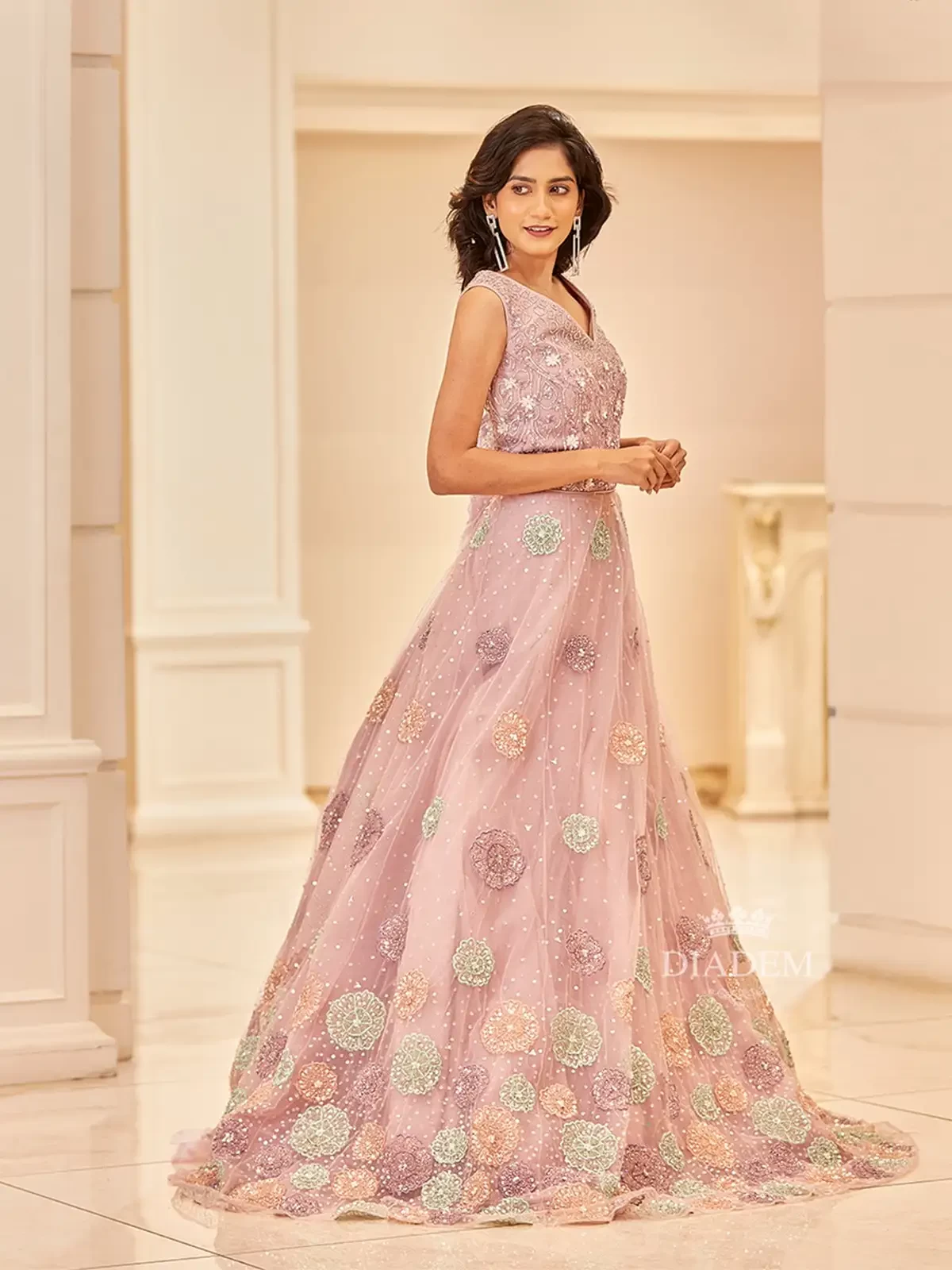 Pink Gown Adorned With Floral Designed Sequins And Stones