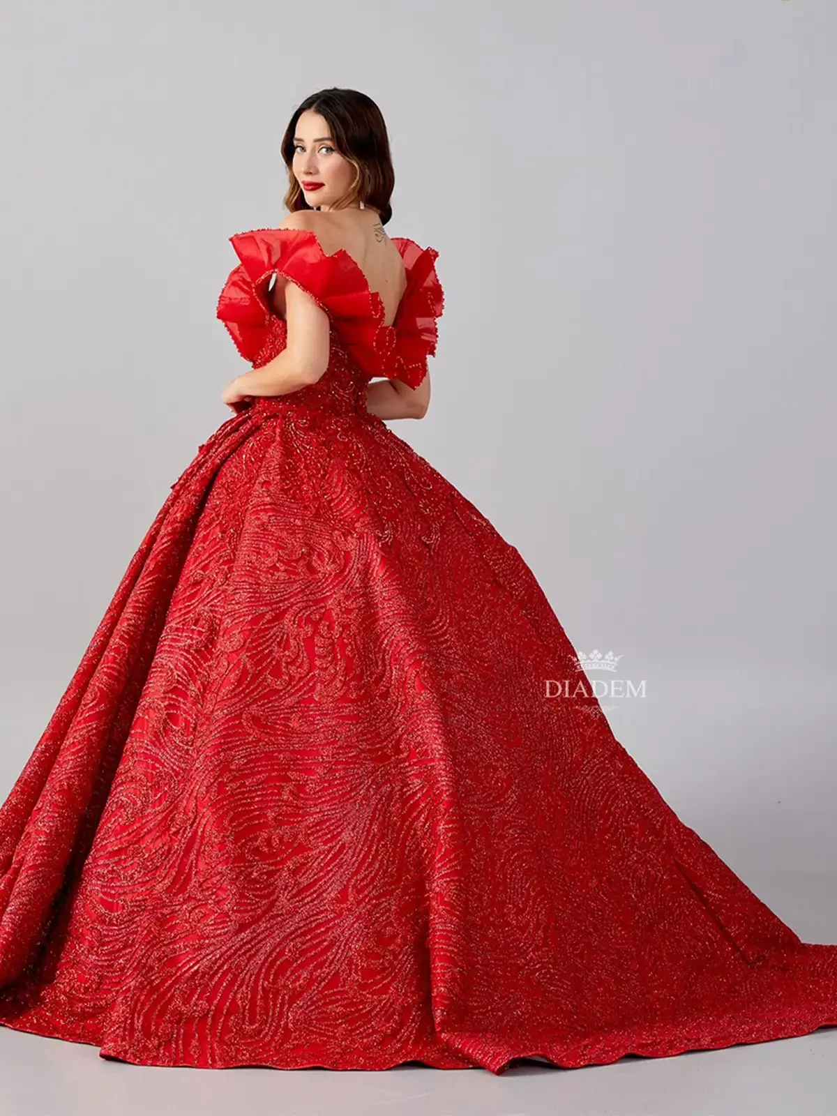 Red Ball Gown Adorned With Floral Design Beads And Laces