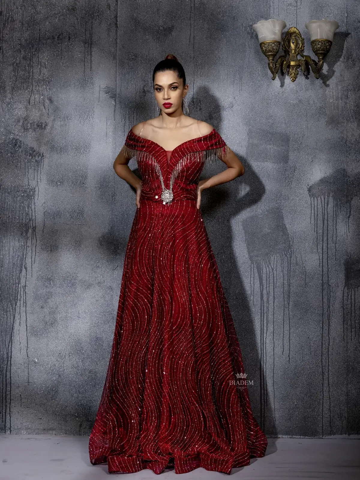 Maroon Gown Embellished With Stones And Beads With Waist Belt
