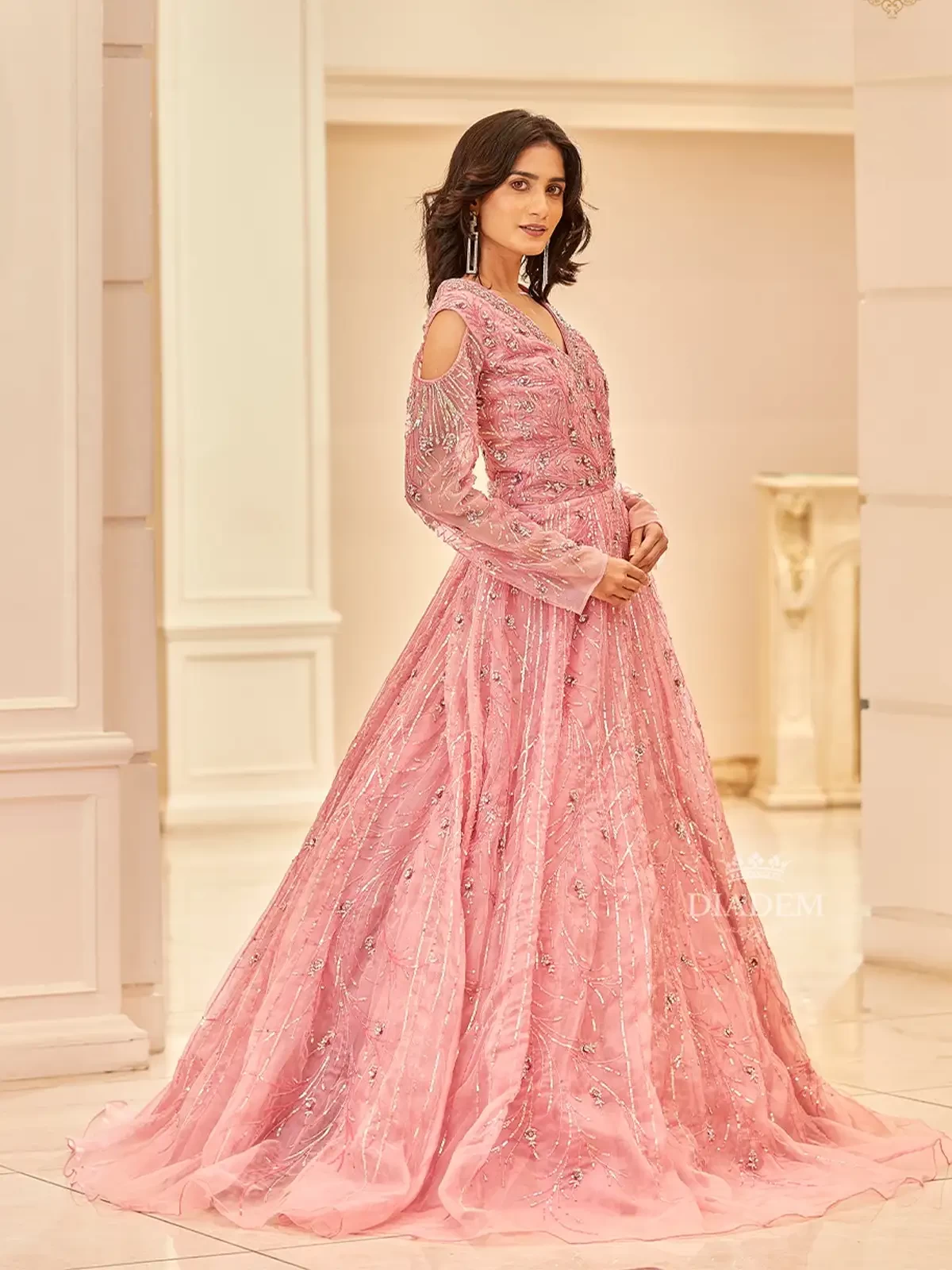 Pink Gown Adorned With Beads And Stones In Flower Designed