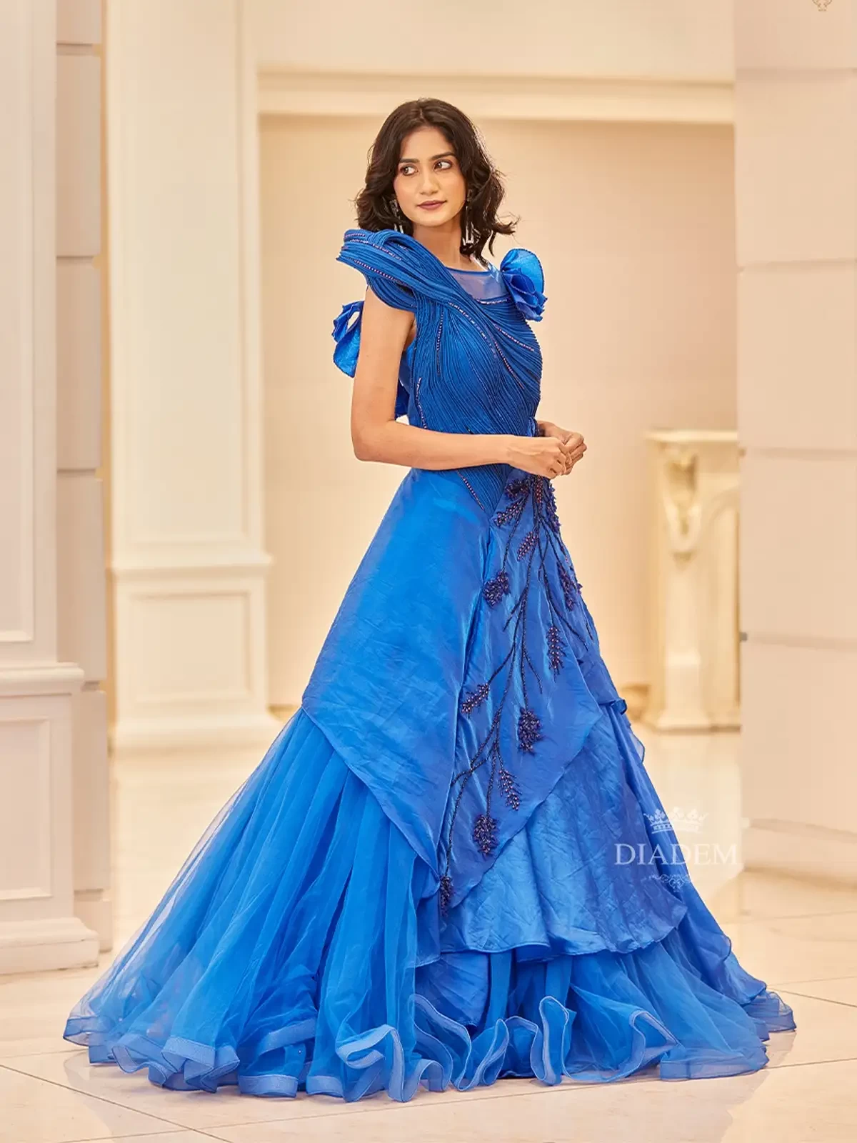 Sapphire Blue Gown Adorned With Floral Crystals And Beads