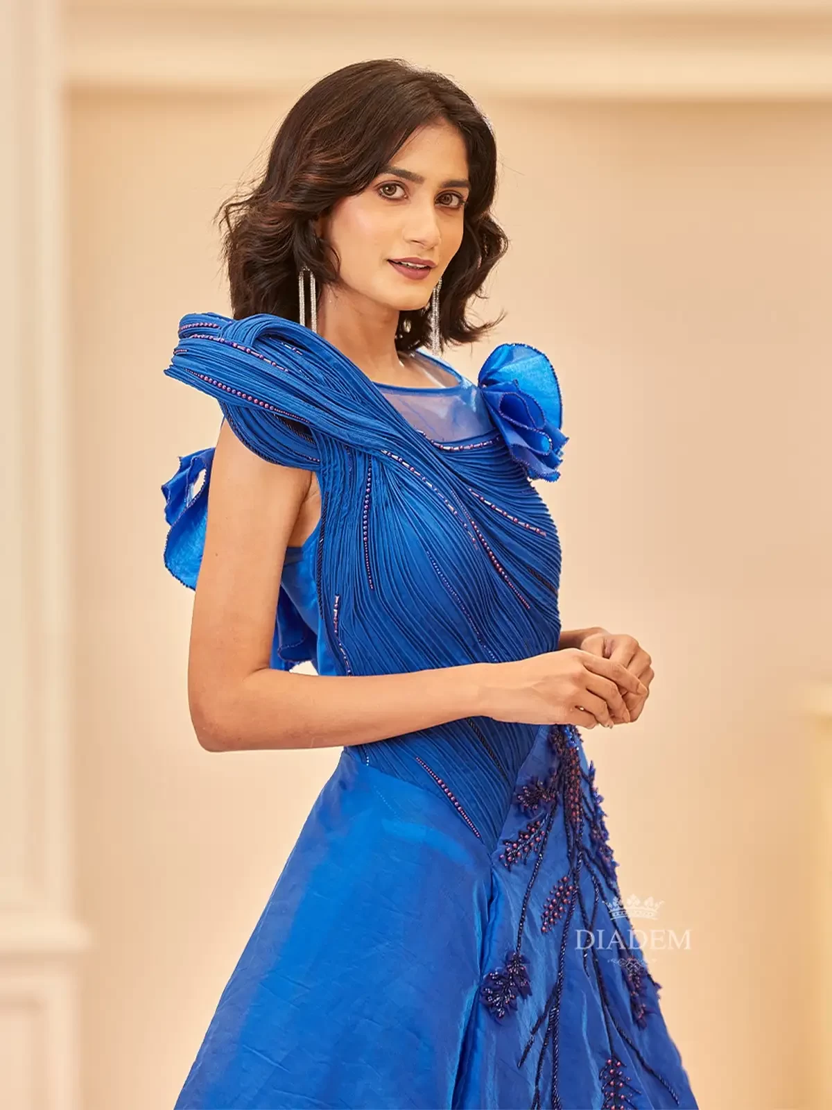 Sapphire Blue Gown Adorned With Floral Crystals And Beads