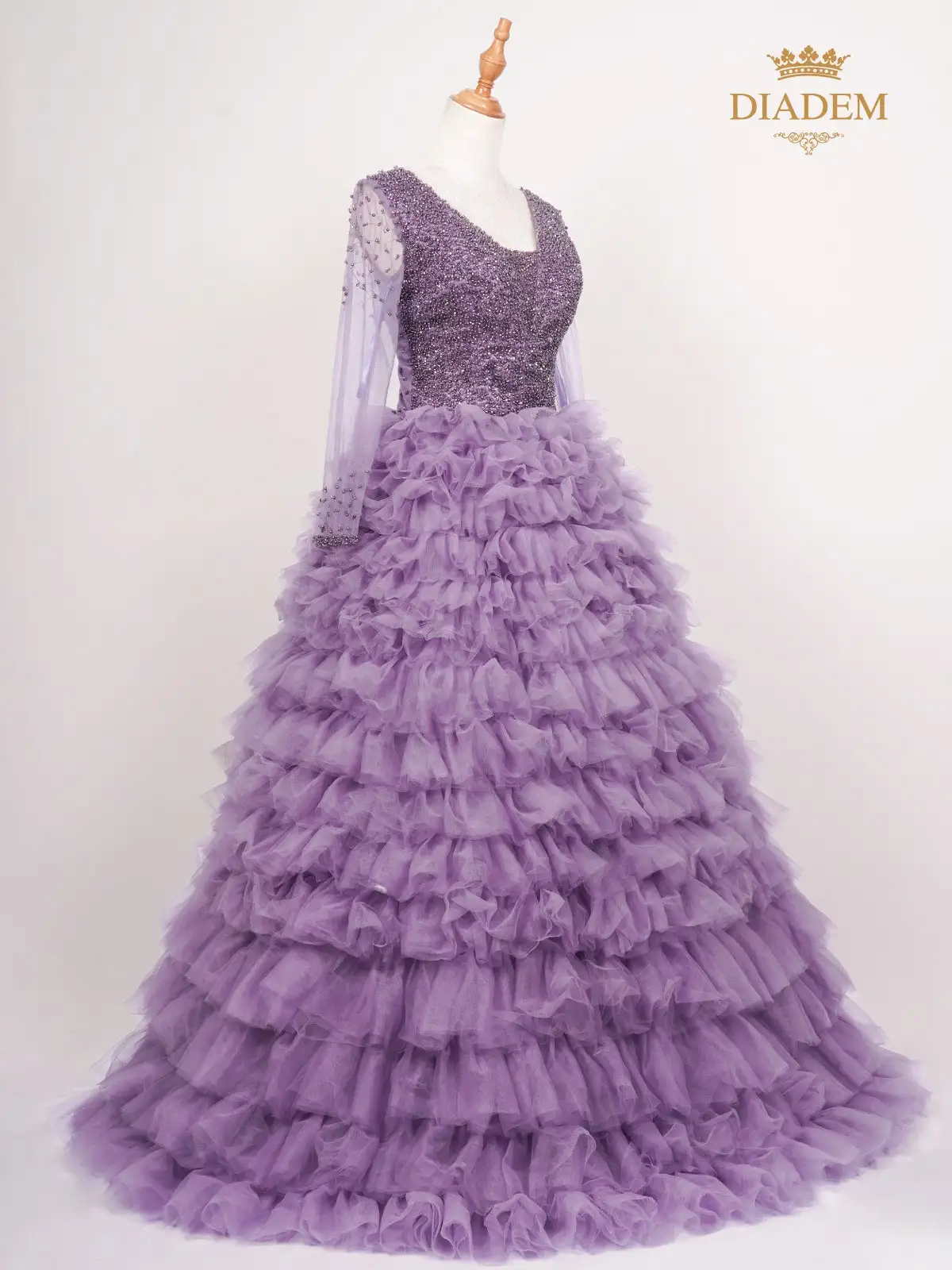 Lavender Gown Embellished With Crystal Beads And Frilled Bottom