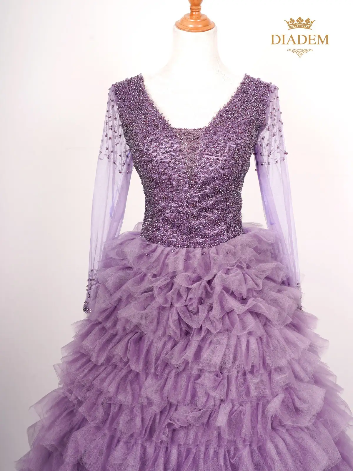 Lavender Gown Embellished With Crystal Beads And Frilled Bottom
