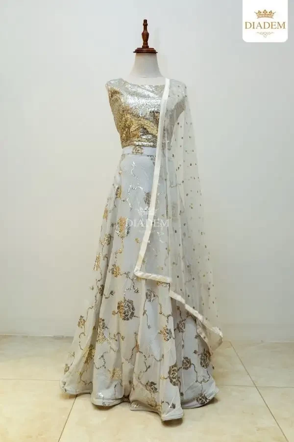 Grey Lehenga Adorned In Floral Sequins With Dupatta