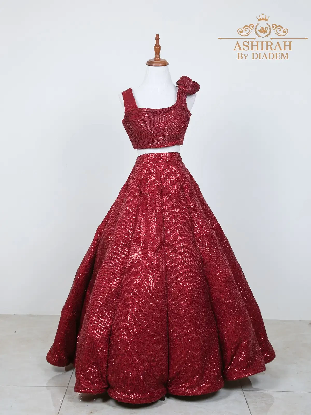 Dark Red Lehenga with Ruffle Top Embellished with Sequins