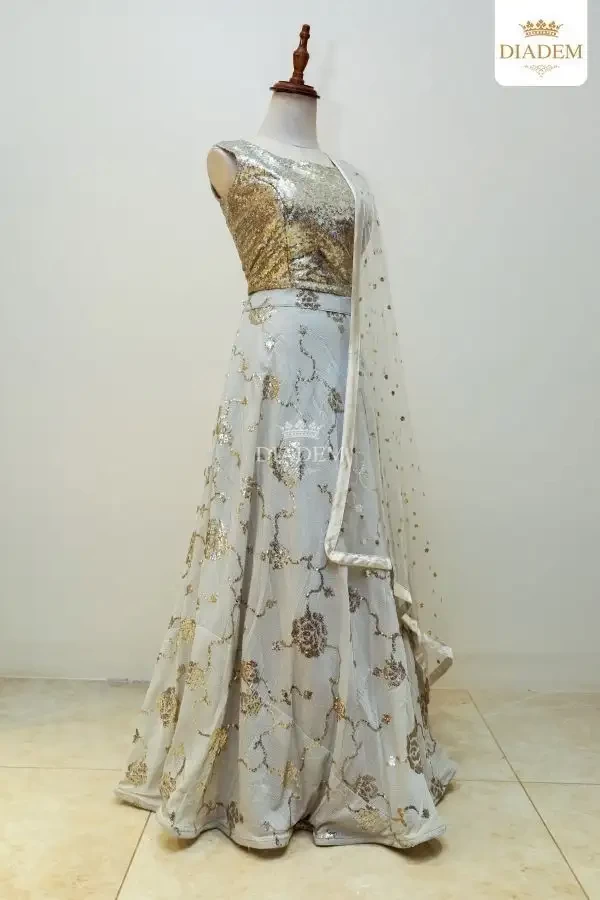 Grey Lehenga Adorned In Floral Sequins With Dupatta