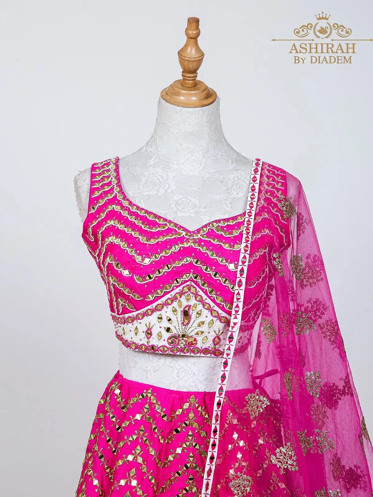 Dark Pink Raw Silk Lehenga Embroidered With Threads And Mirror Work With Dupatta
