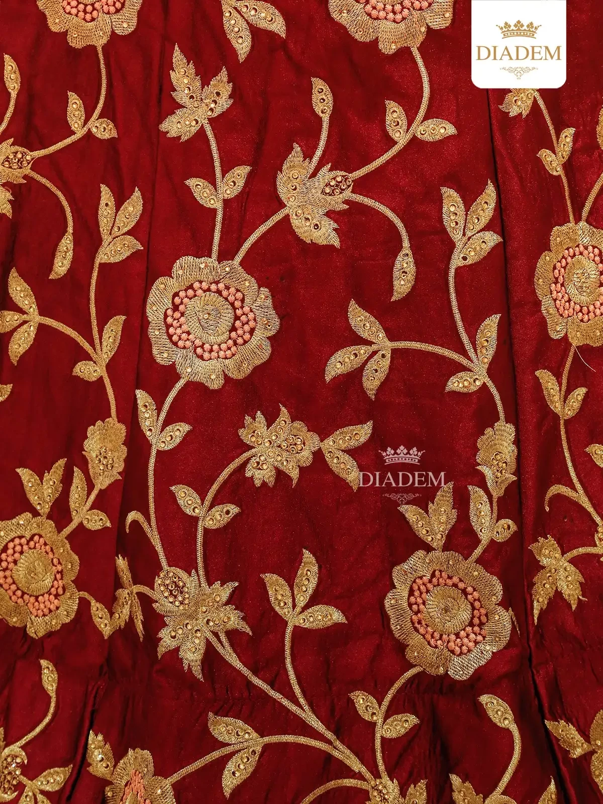 Dark Red Raw Silk Semi Stitched Embroidered Lehenga With Dupatta