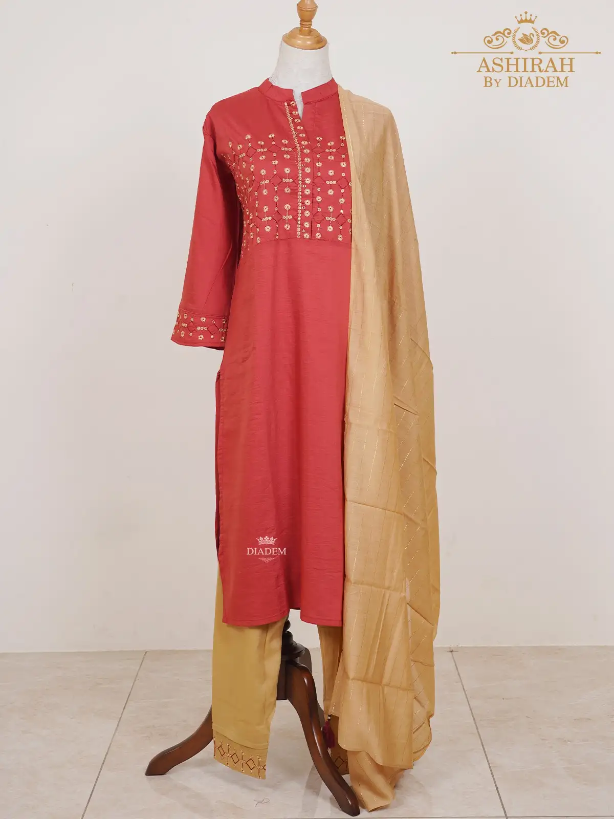 Red Straight Cut Suit with Thread cut Embroidery and Dupatta